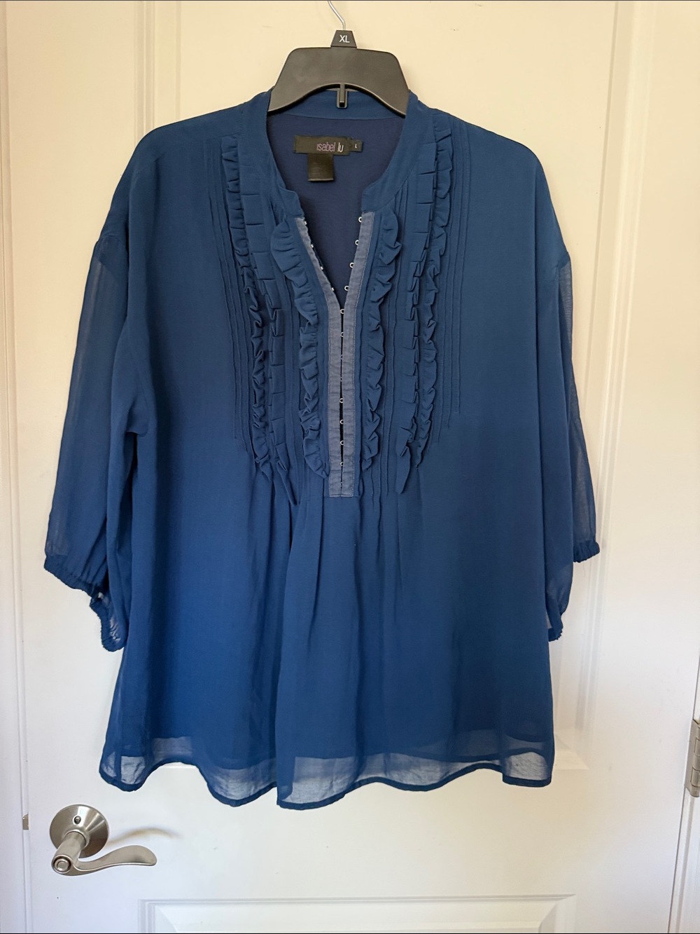Navy Ruffle Split-Neck Women's Blouse